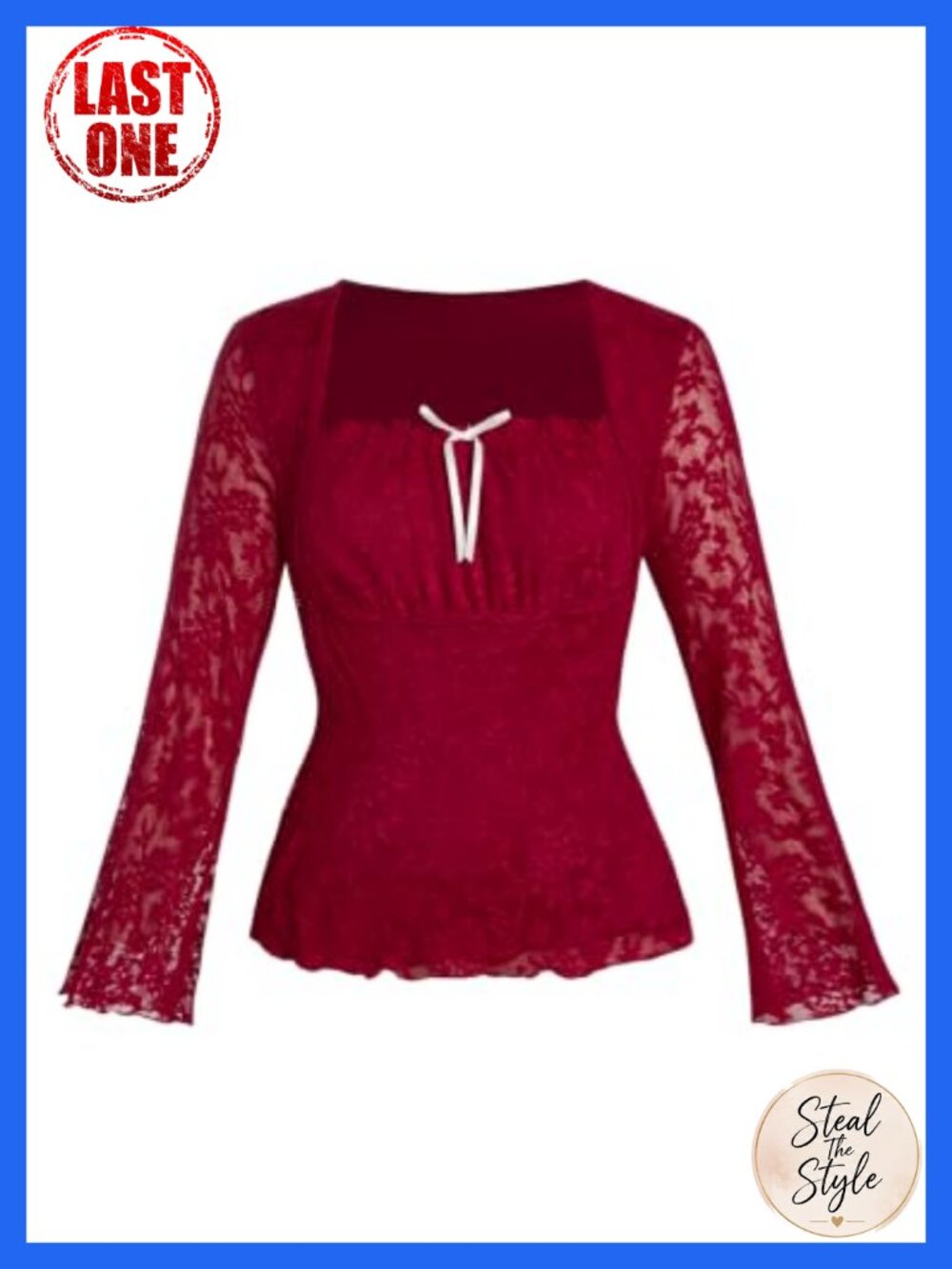 Plus Size Gothic Lace Mesh Bell Sleeve Blouse Square Neck Bow Tie